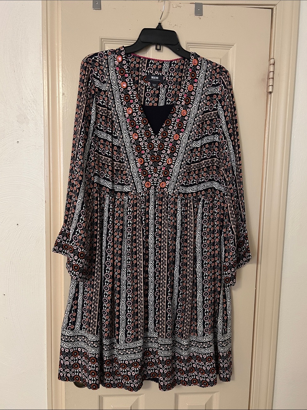 Anthropologie vintage, Boho Floral V-Neck Dress - Black with Pink Accents